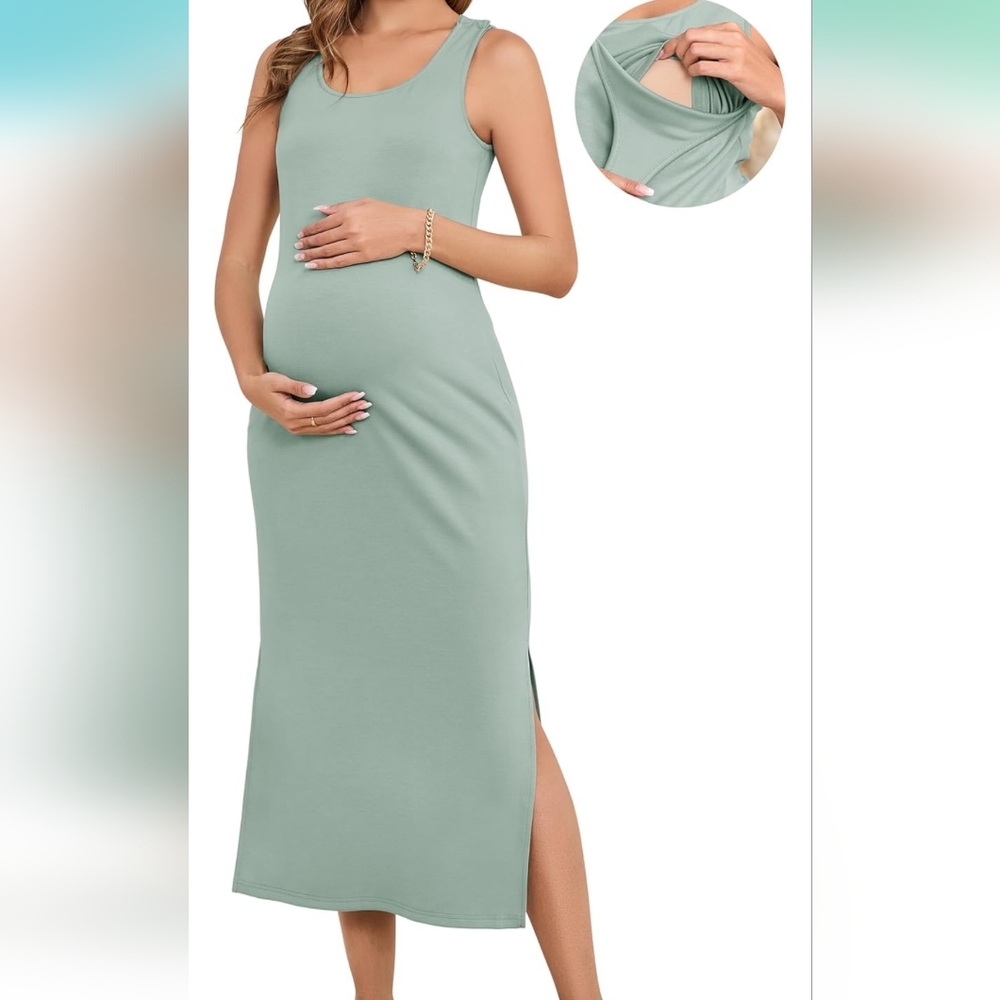 Chic Sleeveless Maternity Midi Dress in Mint Green
